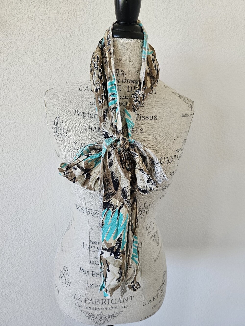 Vintage 80s Abstract Brushstroke Oblong Scarf Turquoise Tan Brown Black 7x80